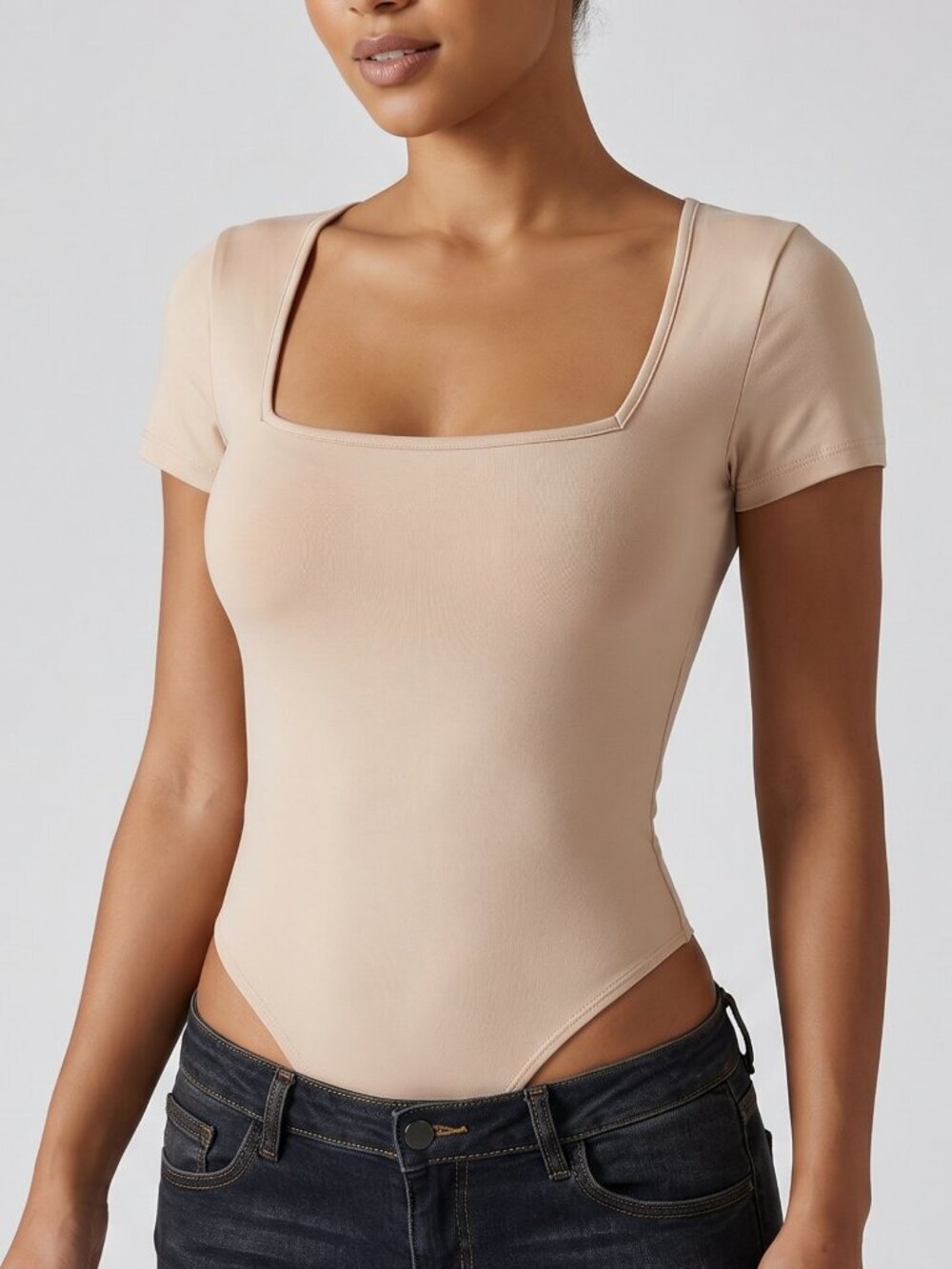 NWOT | Beige Square Neck Short Sleeve Fitted Bodysuit | X-Small